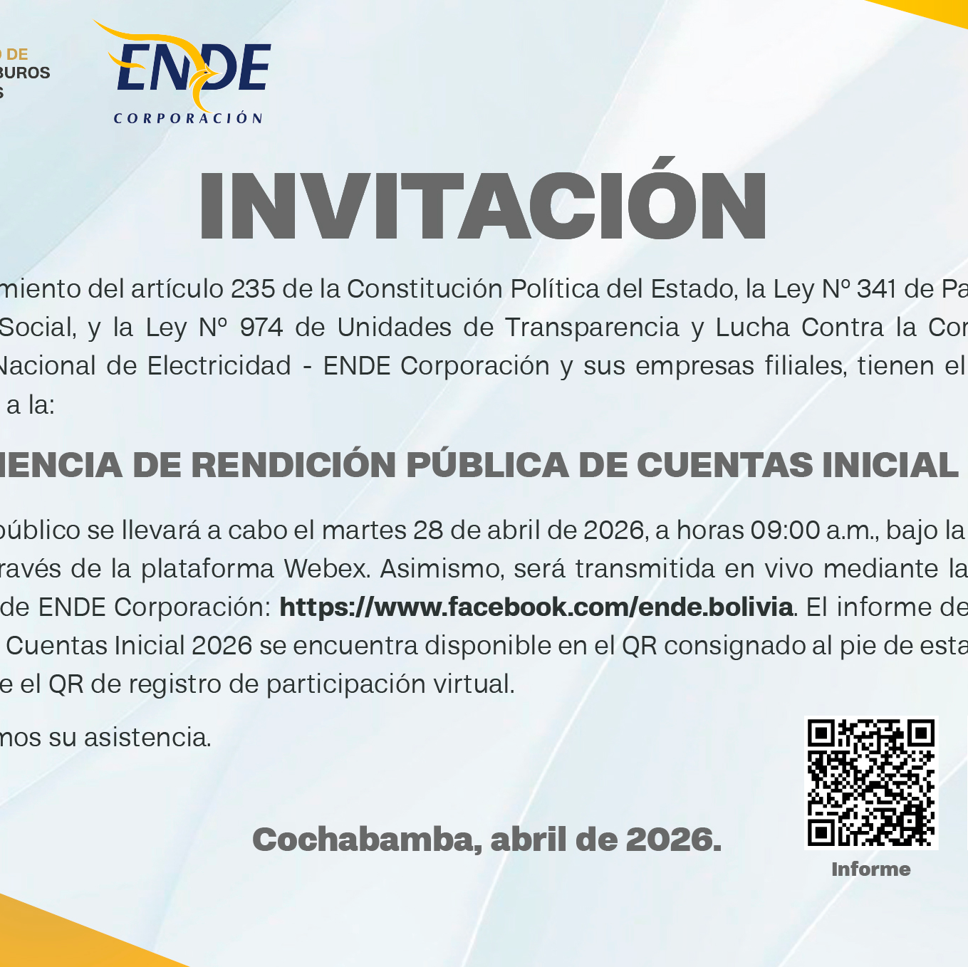 Invitación a la Audiencia de Rendición Pública de Cuentas Inicial - 2026
