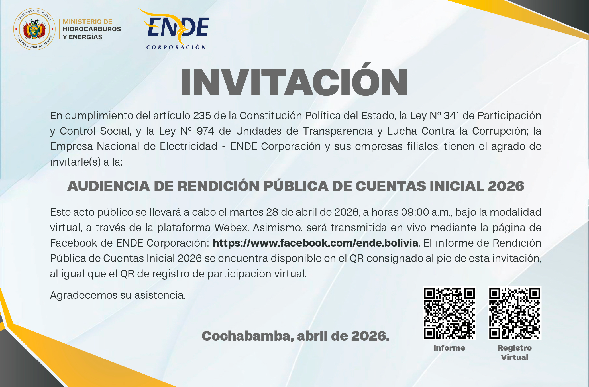 Invitación a la Audiencia de Rendición Pública de Cuentas Inicial - 2026